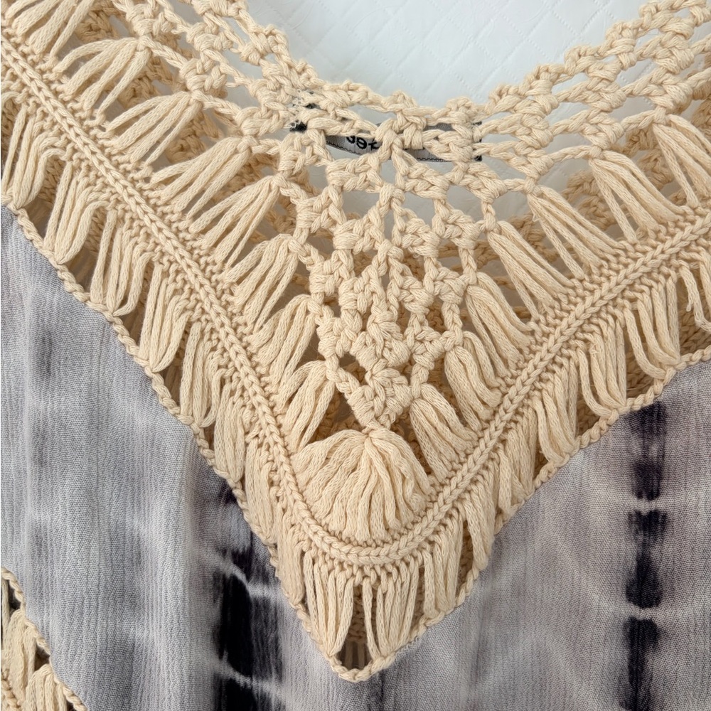 Crochet-Trim Tie-Dye V-Neck Blouse - Cream & Gray - Picture 7 of 9